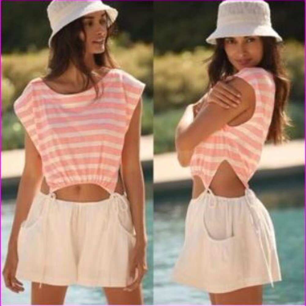Anthropologie Cutout Romper White Electric Coral Summer Vacation NWT Sz XL